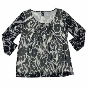RAFAELLA Sheer Black & White Floral Print Long Sleeve Round Neck Blouse